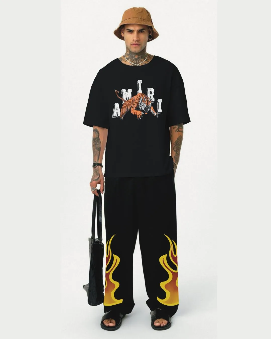Amiri tiger tee with fire aura pant cordset ( black and black)*