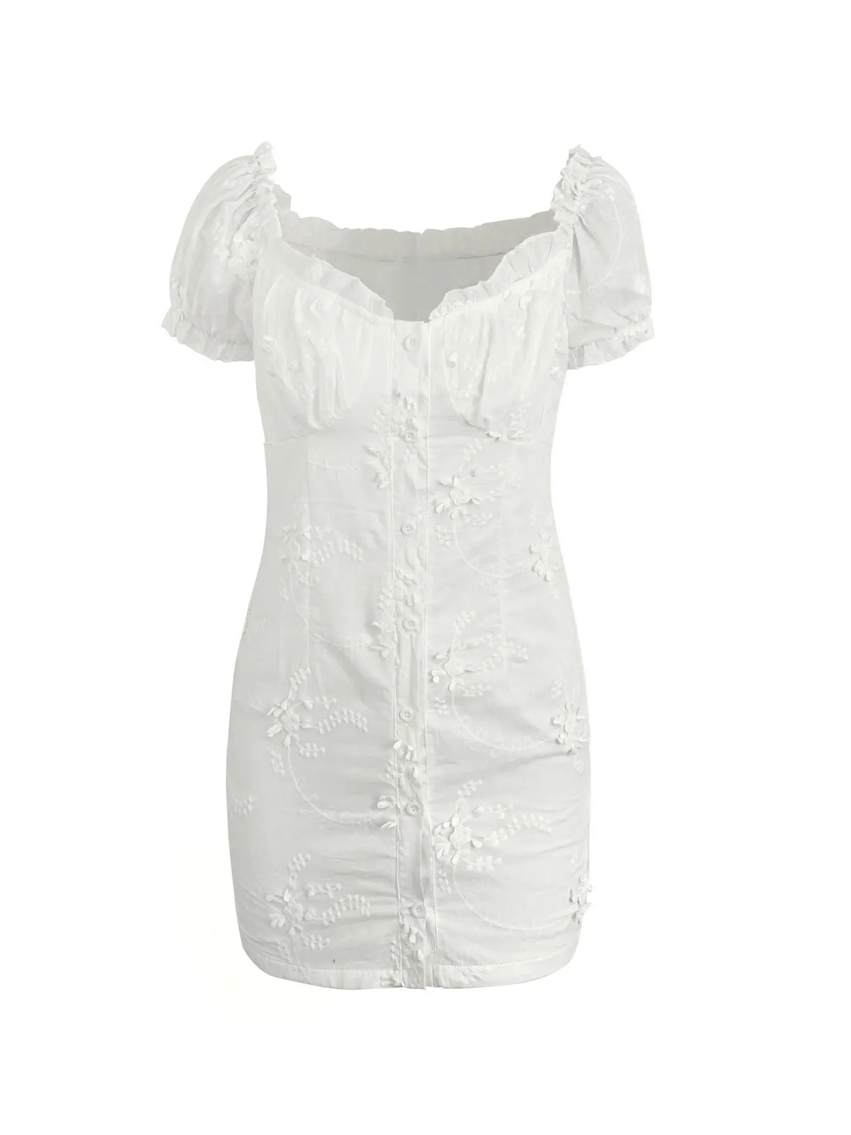 Buttoned Floral Jacquard Puff Sleeve Mini Dress