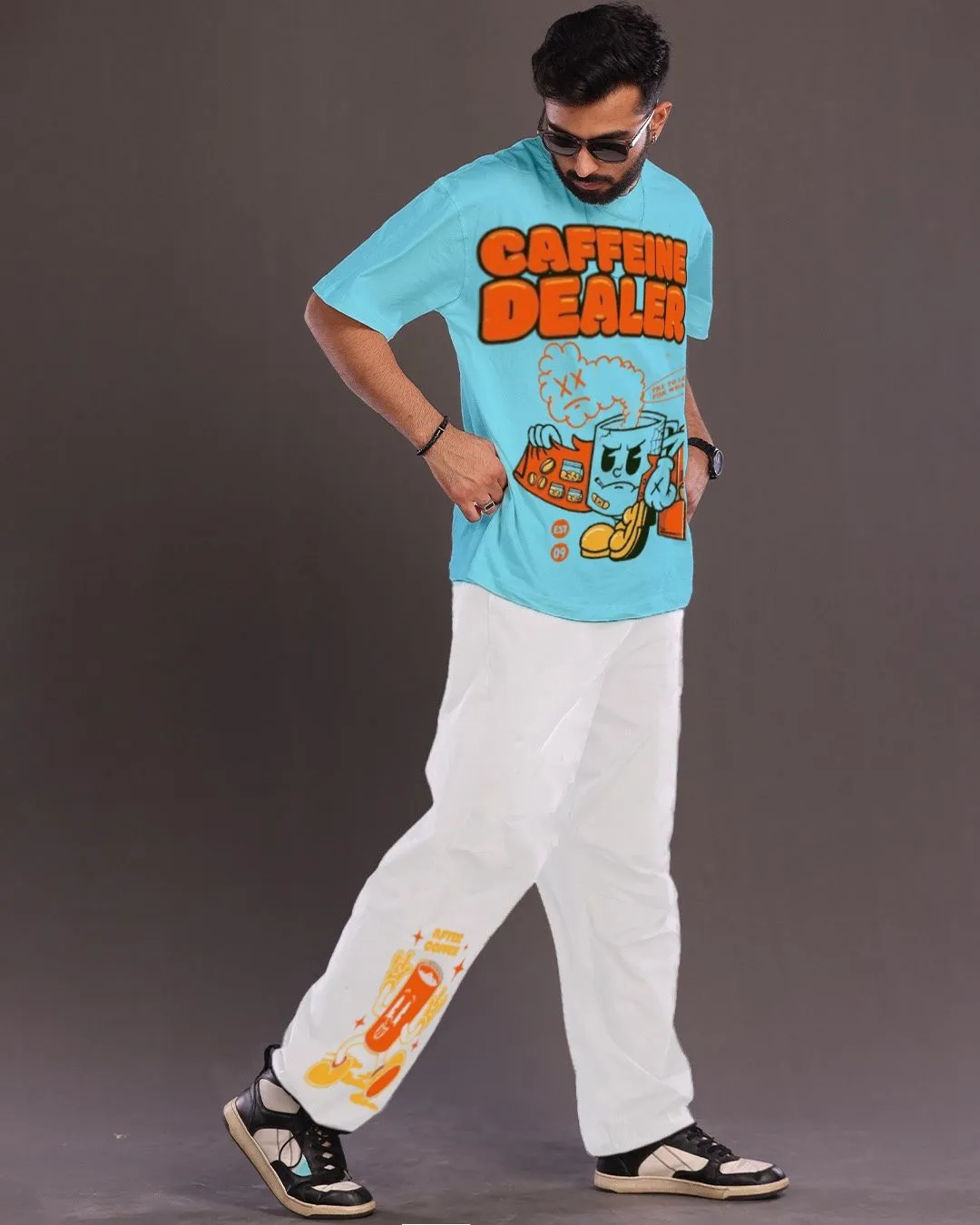 Caffeine Dealer: Blue and White Oversized Men's Co Ord Set