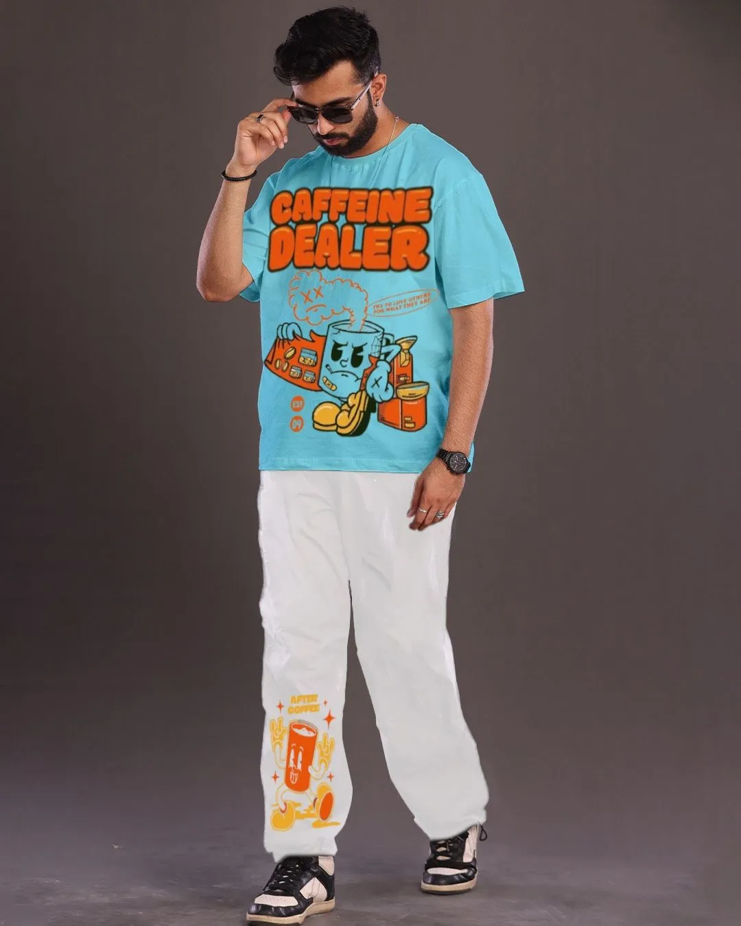 Caffeine Dealer: Blue and White Oversized Men's Co Ord Set