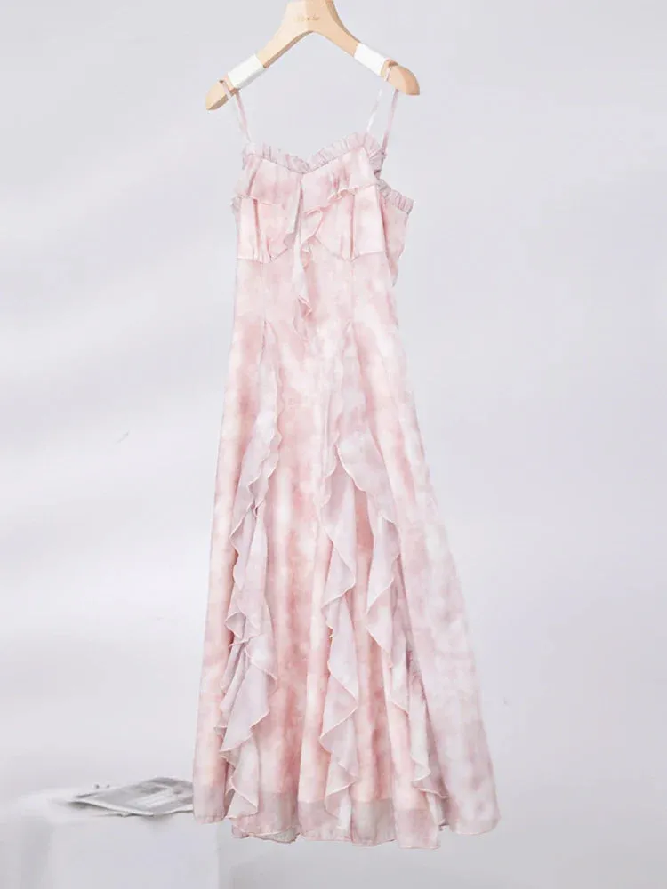Casual Fairy Floral Strap Dress Women Chiffon Elegant Evening Party Midi Dress Ruffle Sweet Korean Dress Women Sweet Summer