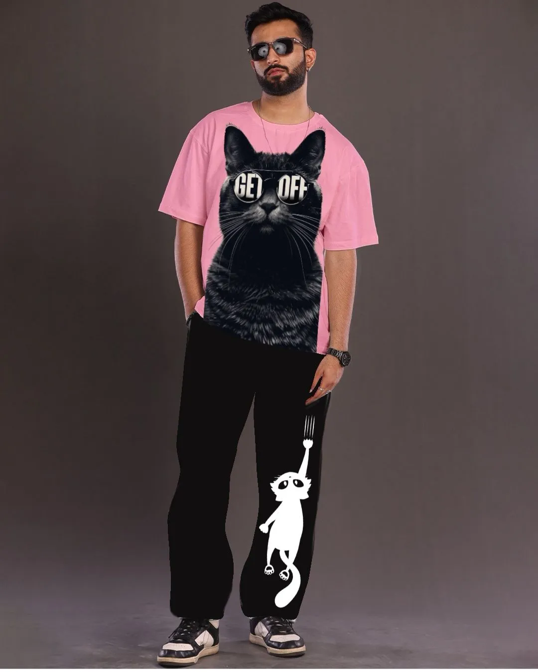 Cat Graphic: Pink and Black Oversized Men's Co Ord Set(*)