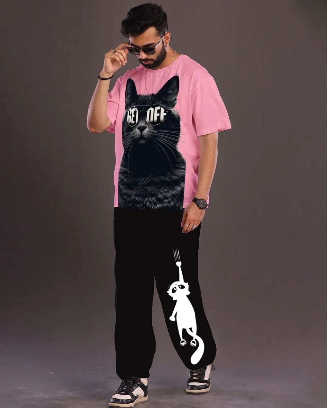 Cat Graphic: Pink and Black Oversized Men's Co Ord Set(*)