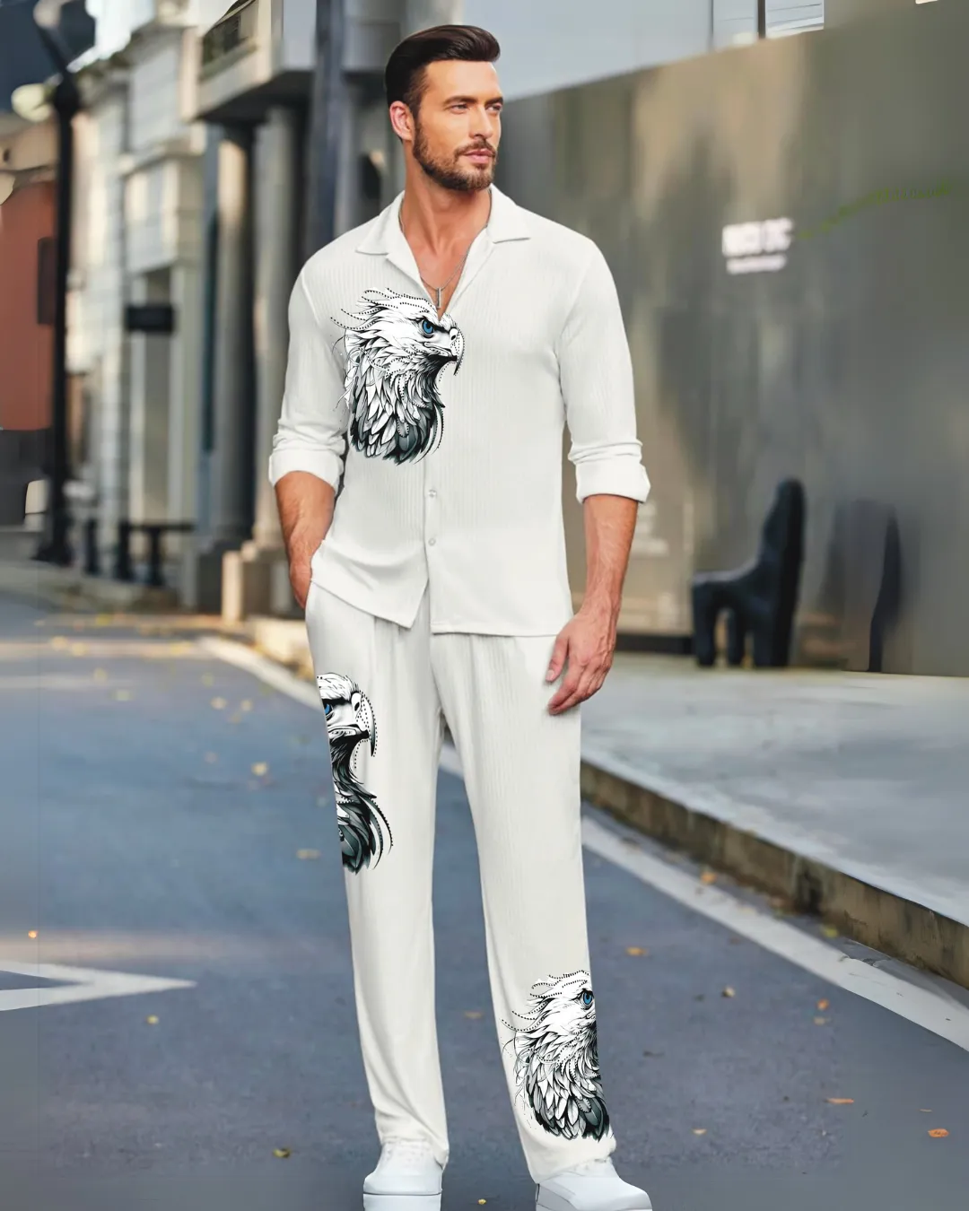 Eagle Full Sleeve Oversized Knitted Shirt Coord Set - White and White (*)