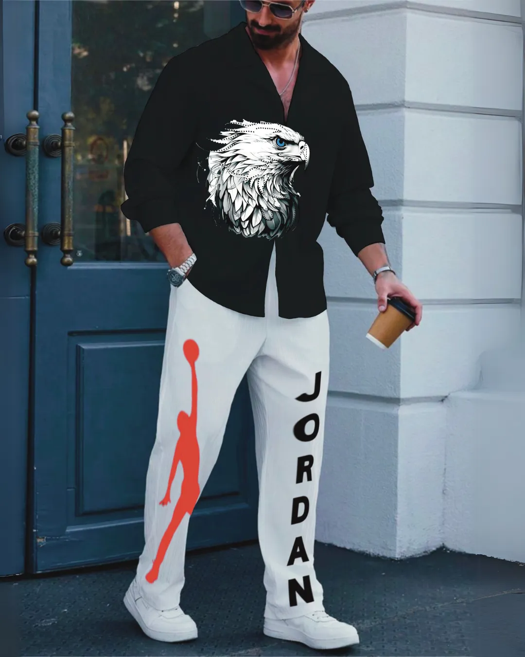Eagle Full Sleeve Oversized Knitted Shirt with Basketball Pant Coord Set - Black and White (*)
