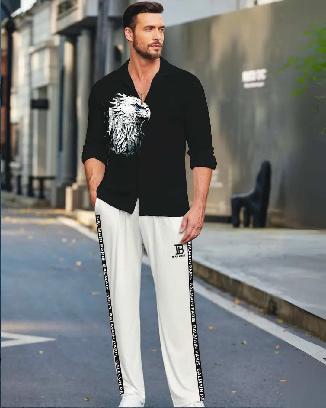 Eagle Full Sleeve with Paris Oversized Knitted Shirt Coord Set - Black and White (*)