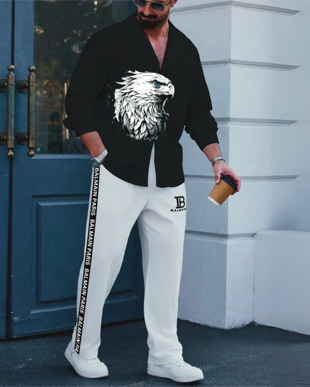Eagle Full Sleeve with Paris Oversized Knitted Shirt Coord Set - Black and White (*)
