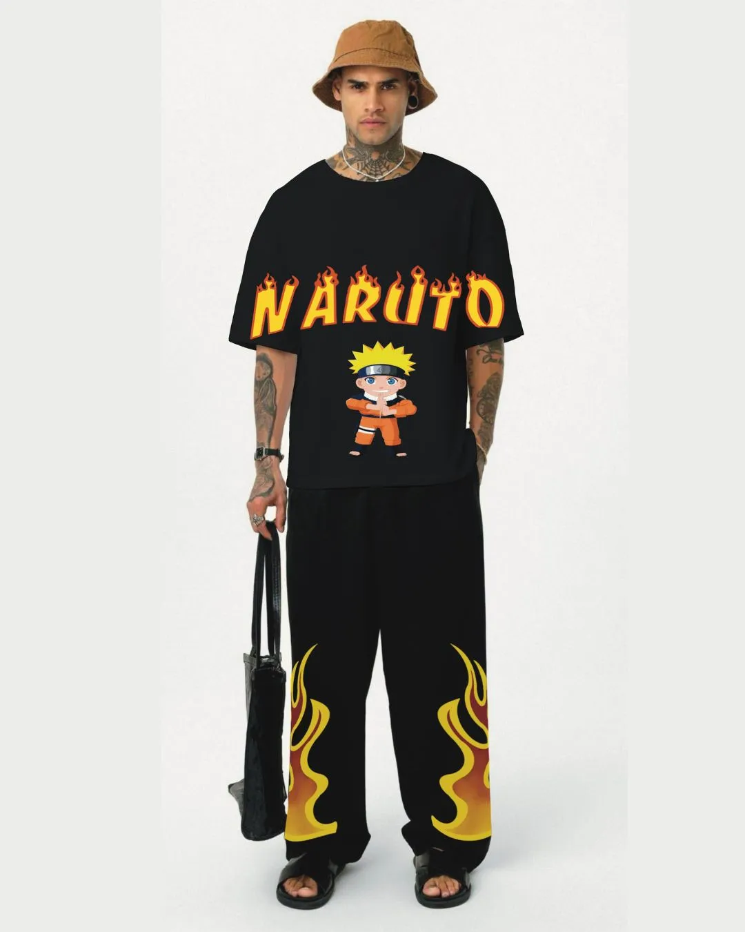 fire naruto tee with fire aura pant cordset (black and black)(*)
