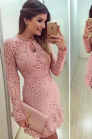 Homecoming dresses Lace dress Sexy lace Elegant short Open neck Prom Dresses Long sleeve