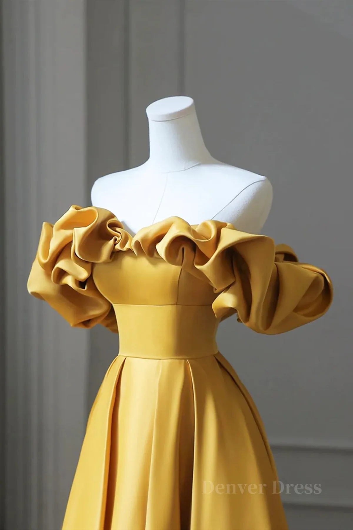 kamahe Off the Shoulder Yellow Satin Long Prom Dresses, Off Shoulder Yellow Long Formal Evening Dresses