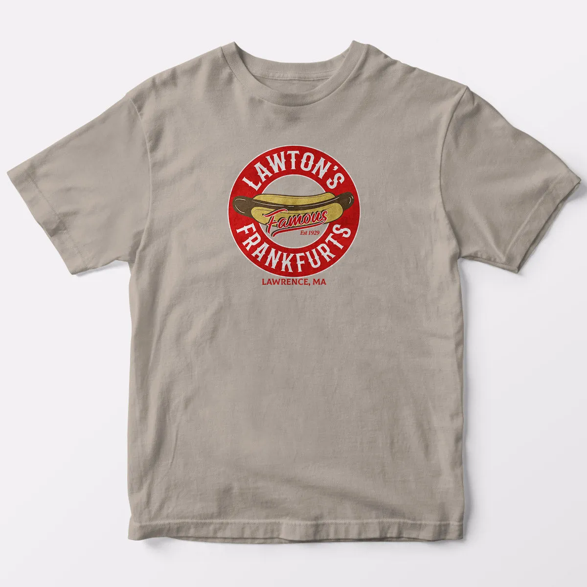 Lawton's Frankfurts T-Shirt, Adult Unisex Sand Tshirt, 100% Cotton, S-XXL, Lawrence MA, Gone But Not Forgotten, New England Memories