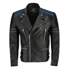 Men's Classic Black & Blue Cafe Racer Leather Jacket