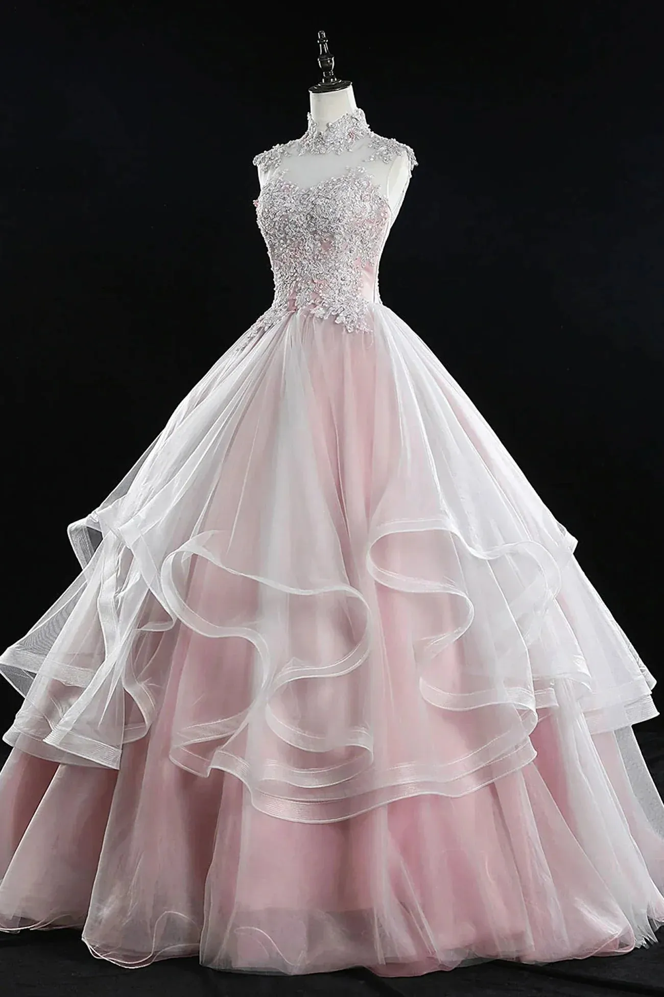 Pink Tulle Lace Sweet Prom Dresses With Applique Bead string