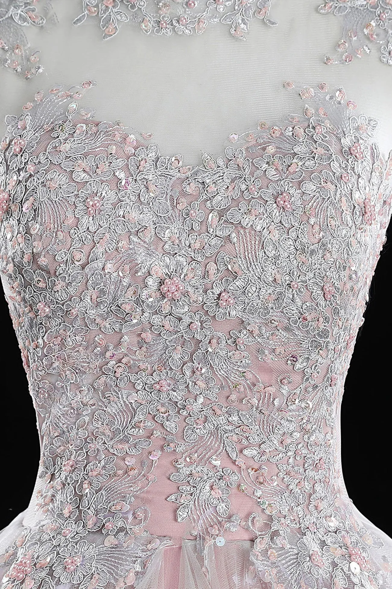 Pink Tulle Lace Sweet Prom Dresses With Applique Bead string