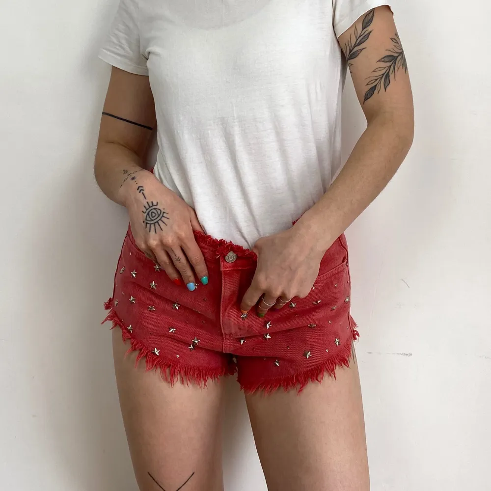 Studded Red Denim Shorts - SMALL