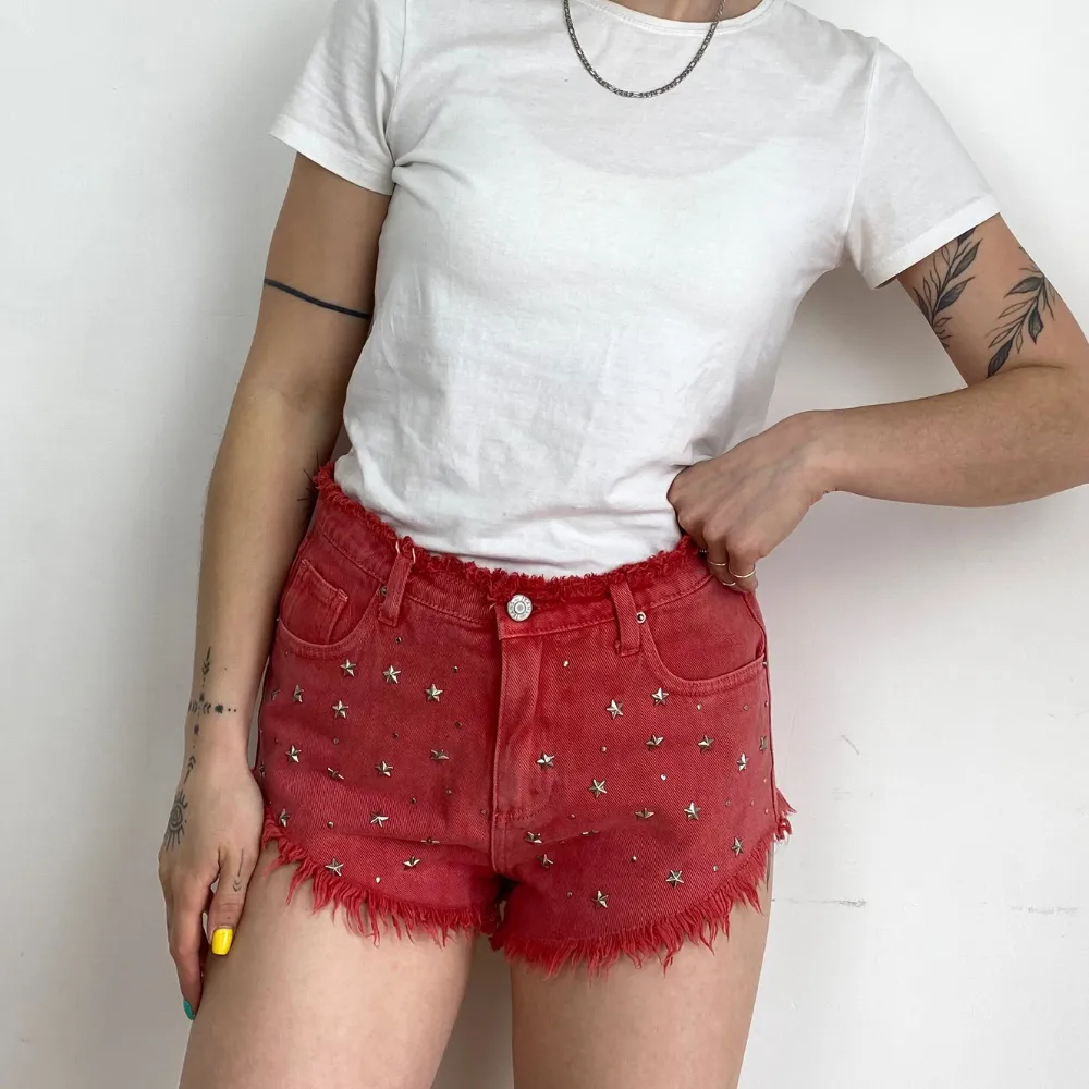 Studded Red Denim Shorts - SMALL