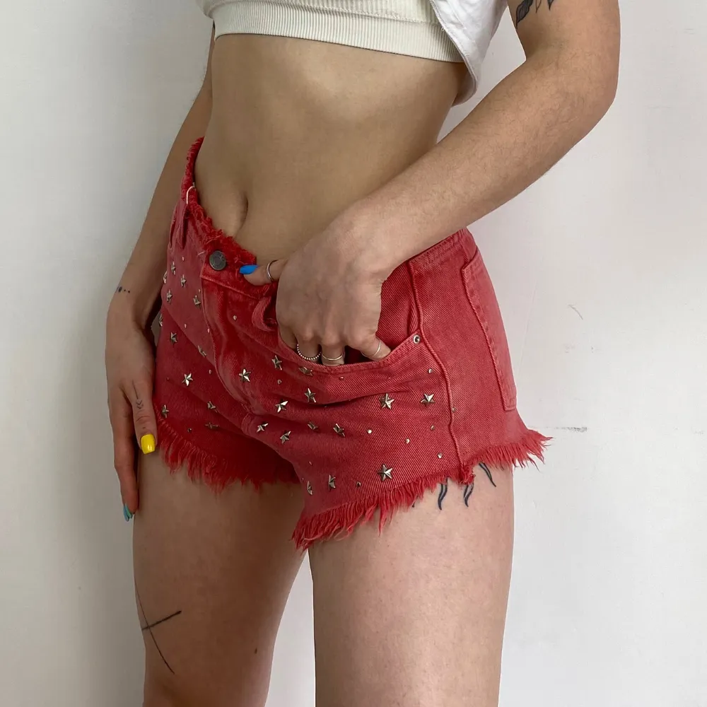 Studded Red Denim Shorts - SMALL