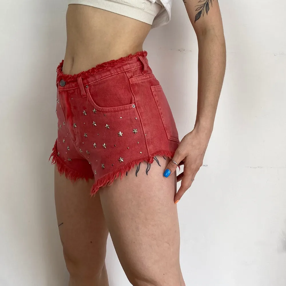 Studded Red Denim Shorts - SMALL