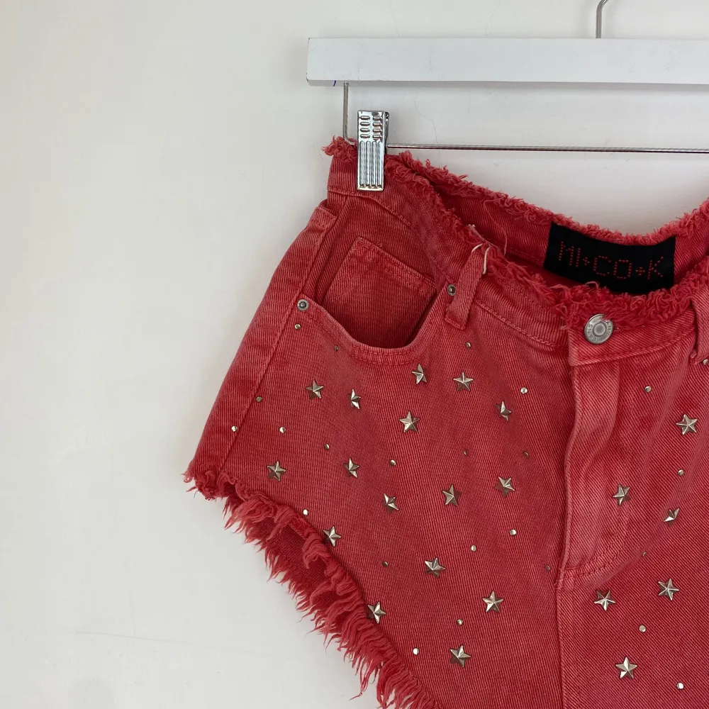 Studded Red Denim Shorts - SMALL