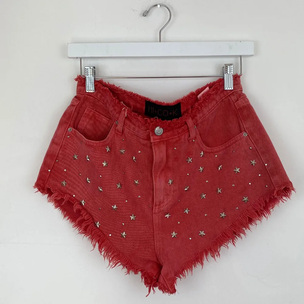 Studded Red Denim Shorts - SMALL