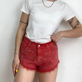 Studded Red Denim Shorts - SMALL