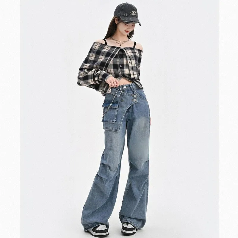 Summer Retro Style Blue Versatile Wide-leg Jeans